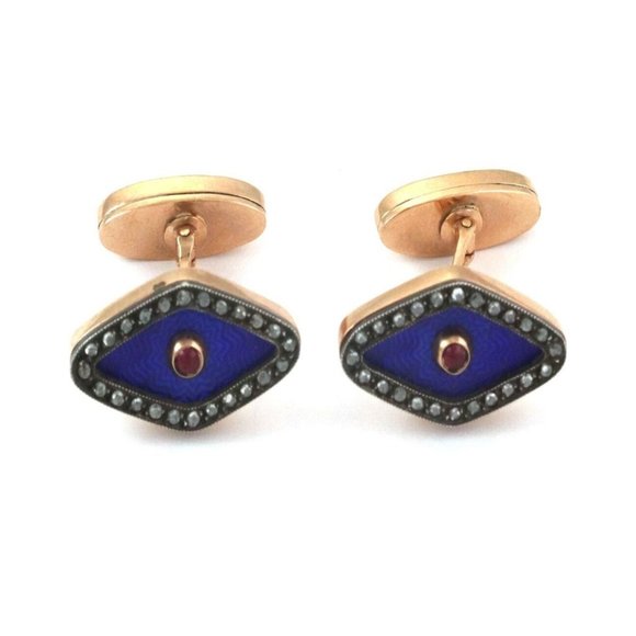 Old Russian RoseCut Diamond Ruby 14kGold Cufflinks - Picture 1 of 6